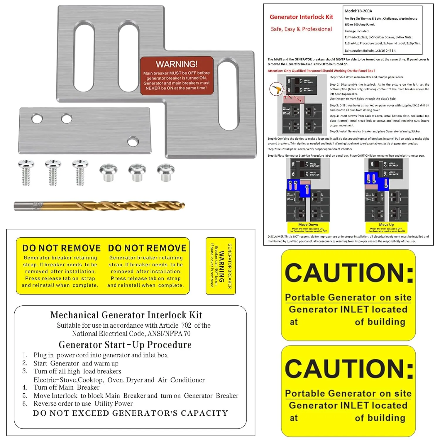Generator Interlock Kit Compatible with Thomas & Betts, Challenger, Westinghouse 150 or 200 Amp Panels. 1 to 1 1/8 Inch Spacing Between Main and Branch Breaker (TB-200A)