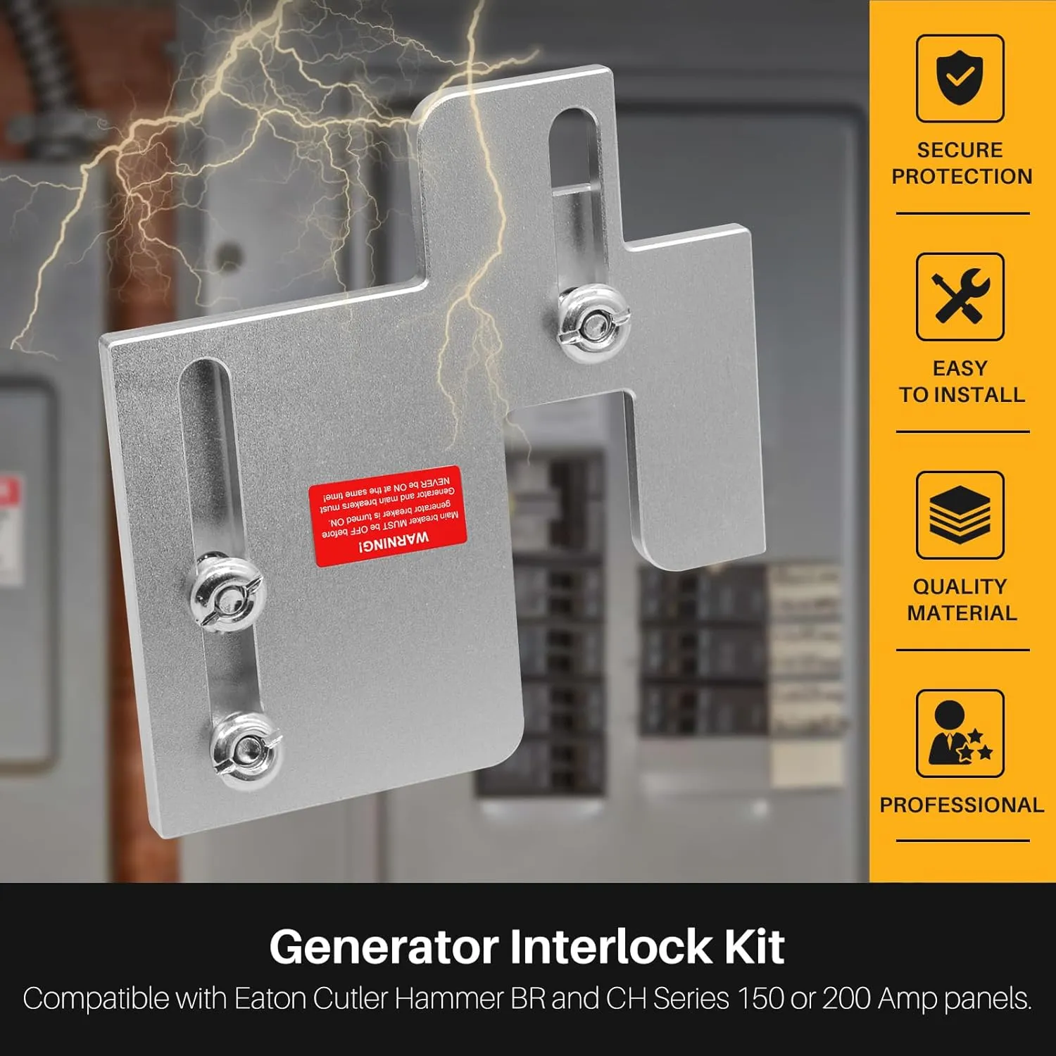 Generator Interlock Kit for Eaton Cutler Hammer CH and BR Series 150 or 200 Amp Panels, 1 1/4-1 7/16 inches Spacing Between Main and Branch Breaker, Generator Horizontal Electrical Interlock Kit