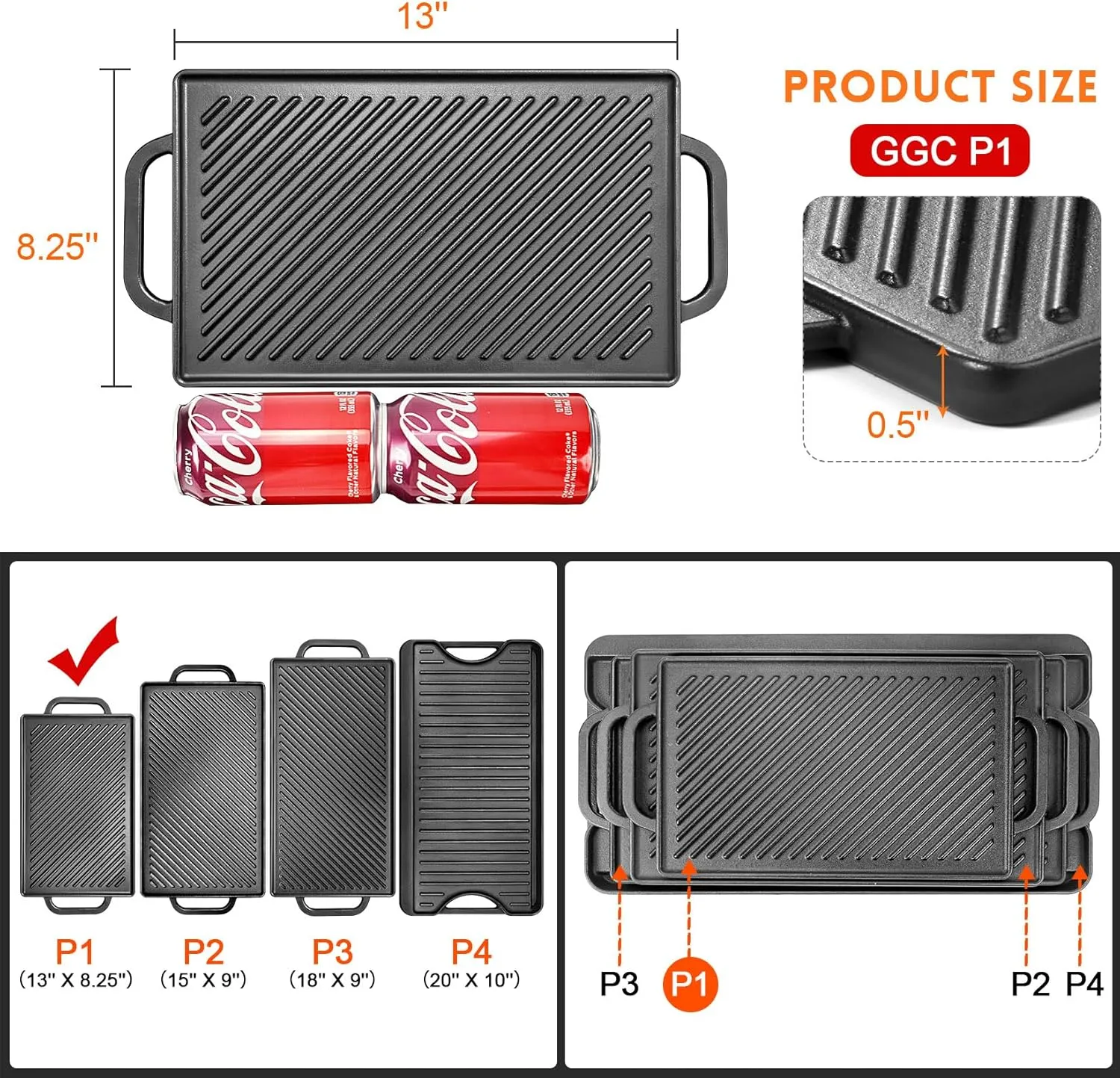 GGC Cast Iron Reversible Grill Griddle，Double Sided Grill Pan Perfect for Gas Grills and Stove Tops, 13 x 8.25 Rectangular Baking Flat and Ribbed Griddle Plate