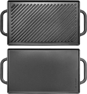 GGC Cast Iron Reversible Grill Griddle，Double Sided Grill Pan Perfect for Gas Grills and Stove Tops, 13 x 8.25 Rectangular Baking Flat and Ribbed Griddle Plate