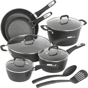 GoodCook 12-Piece Micro-Divot Nonstick Aluminum Cookware Set with Pans, Dutch Oven, Spoon and Turner, Black (6184)