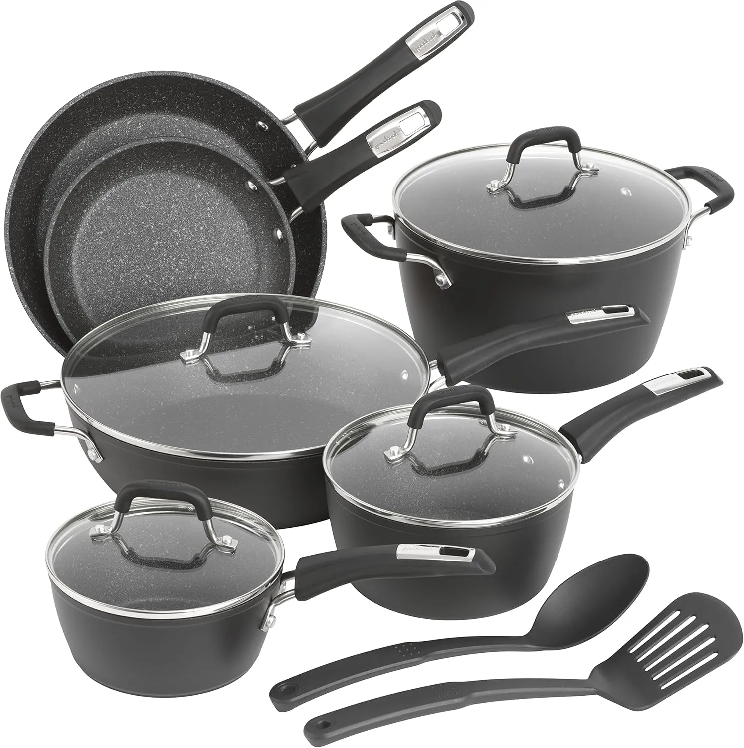 GoodCook 12-Piece Micro-Divot Nonstick Aluminum Cookware Set with Pans, Dutch Oven, Spoon and Turner, Black (6184)
