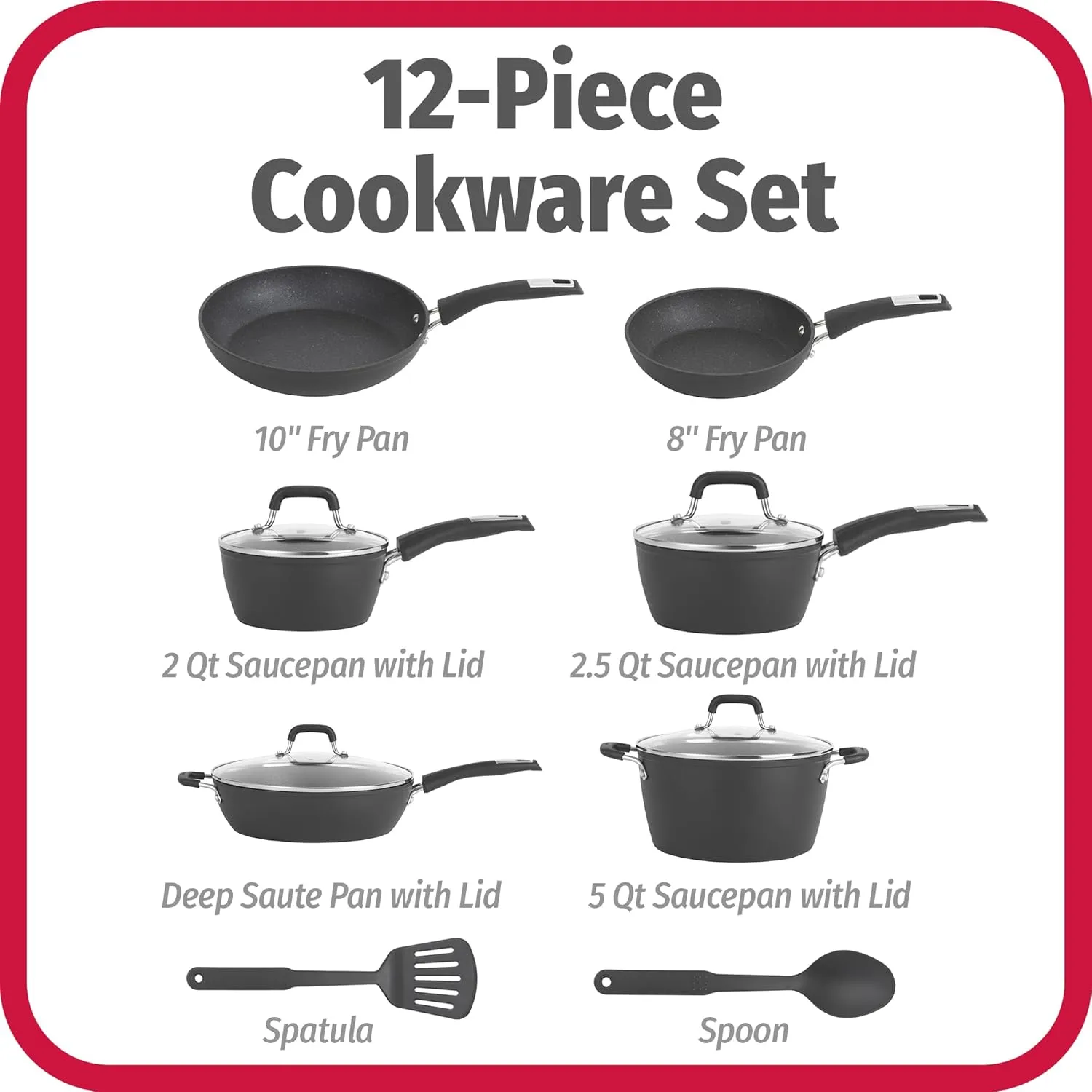 GoodCook 12-Piece Micro-Divot Nonstick Aluminum Cookware Set with Pans, Dutch Oven, Spoon and Turner, Black (6184)