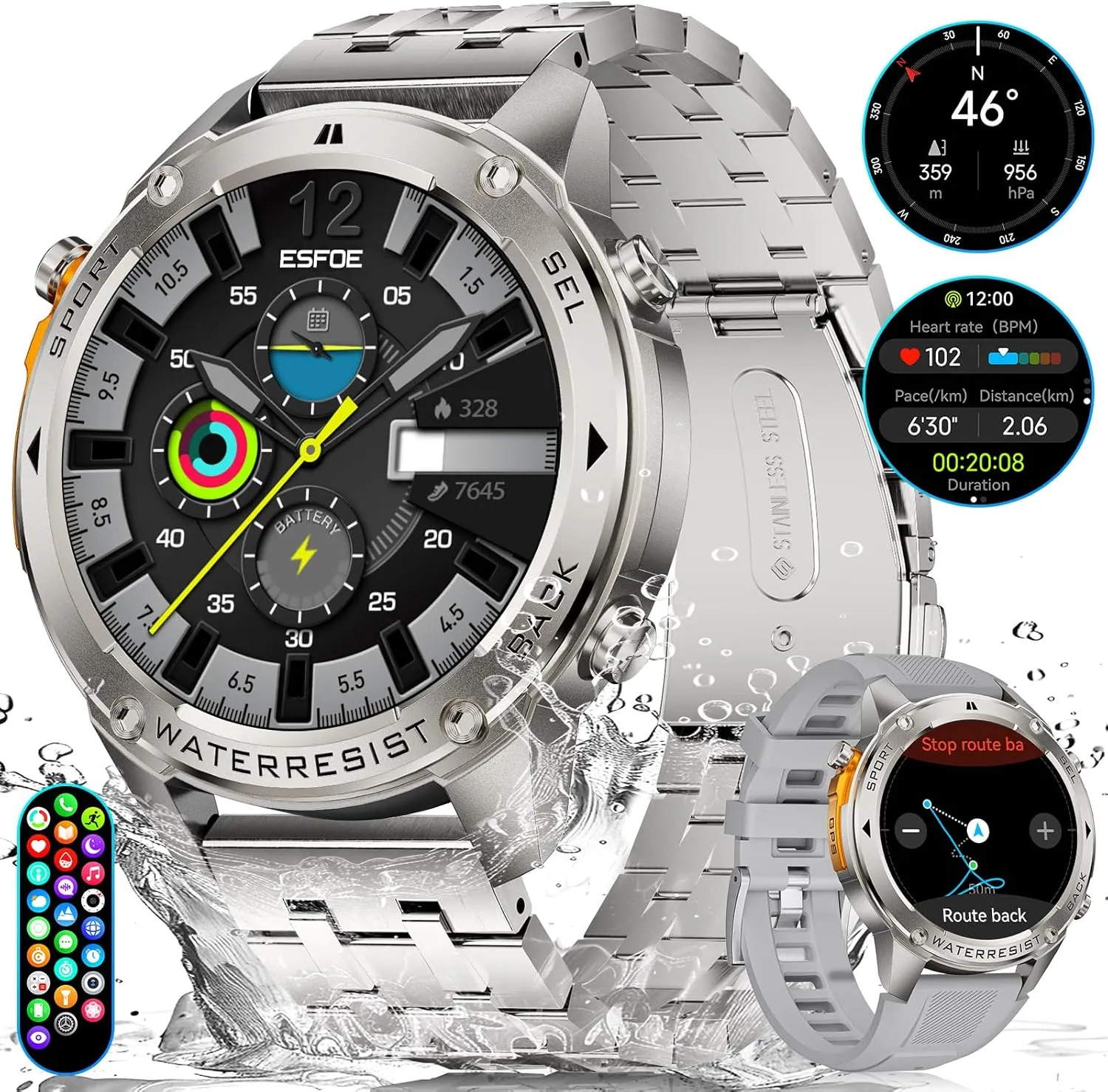 GPS Smart Watch for Men-5ATM/IP69K Waterproof,45 Days Standby(500mAh),1.43" AMOLED Rugged Military Smartwatch with Compass Altitude,170  Sport Modes Smart Watches for Android iPhones Silver