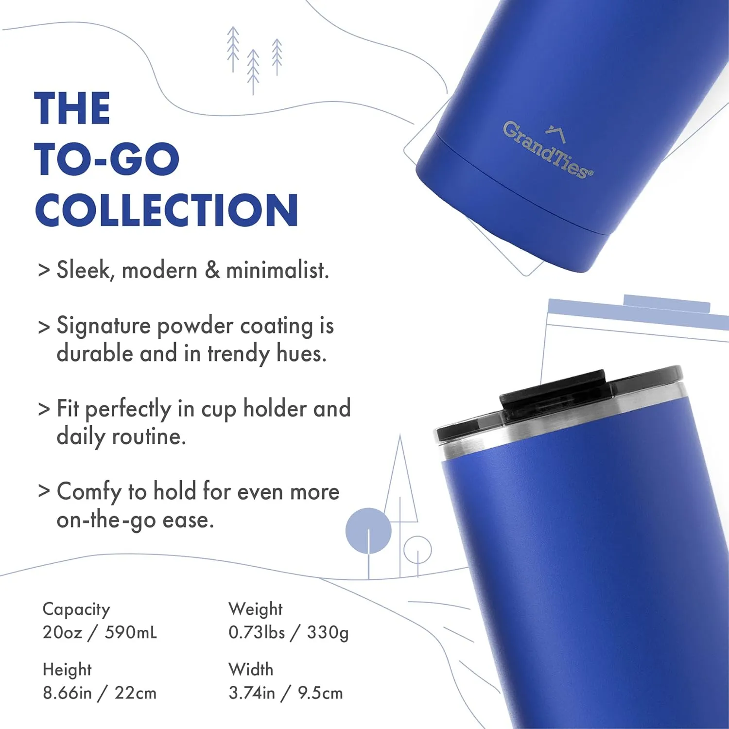 GRANDTIES Insulated Coffee Tumbler Cup w/Tritan Lid | Leak Proof, Reusable, Double Walled Vacuum Stainless Steel Water Bottle Travel Mug | Thermal Cups for Hot and Cold Drinks | 20oz | Periwinkle