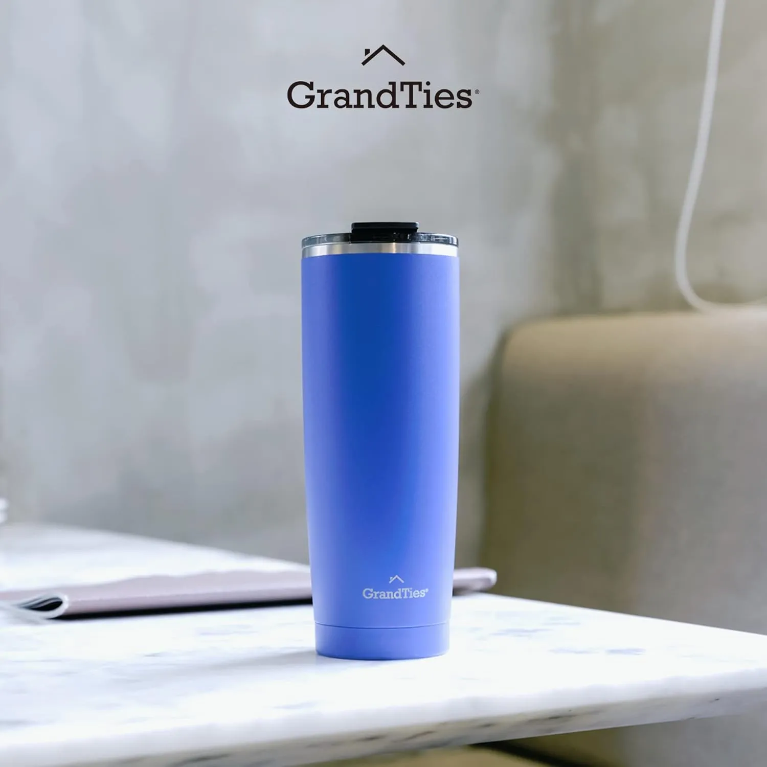 GRANDTIES Insulated Coffee Tumbler Cup w/Tritan Lid | Leak Proof, Reusable, Double Walled Vacuum Stainless Steel Water Bottle Travel Mug | Thermal Cups for Hot and Cold Drinks | 20oz | Periwinkle