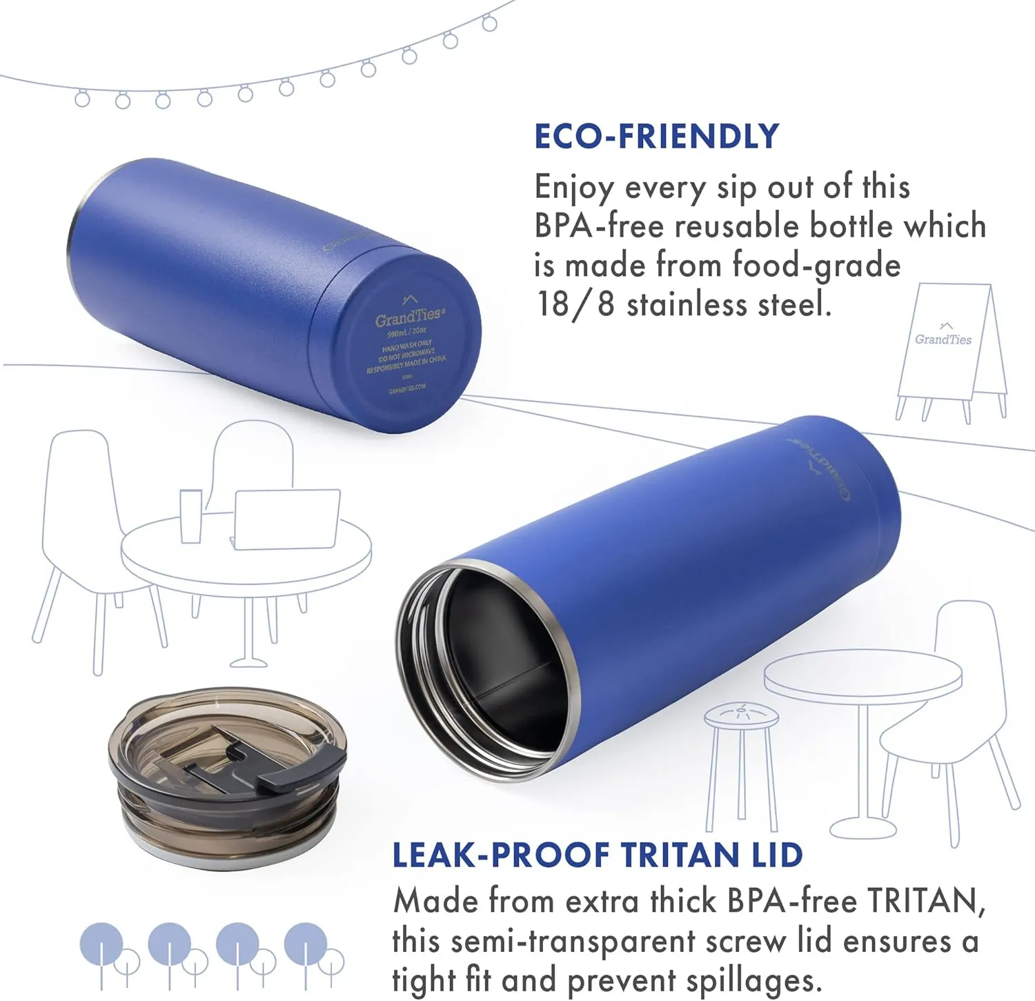 GRANDTIES Insulated Coffee Tumbler Cup w/Tritan Lid | Leak Proof, Reusable, Double Walled Vacuum Stainless Steel Water Bottle Travel Mug | Thermal Cups for Hot and Cold Drinks | 20oz | Periwinkle
