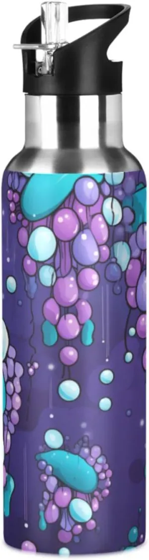 Grape Art Purple Sport Water Bottle Insulated Stainless Steel Large Vacuum Flask Leak Proof Thermos with Straw for Travel(600ml/1000ml)