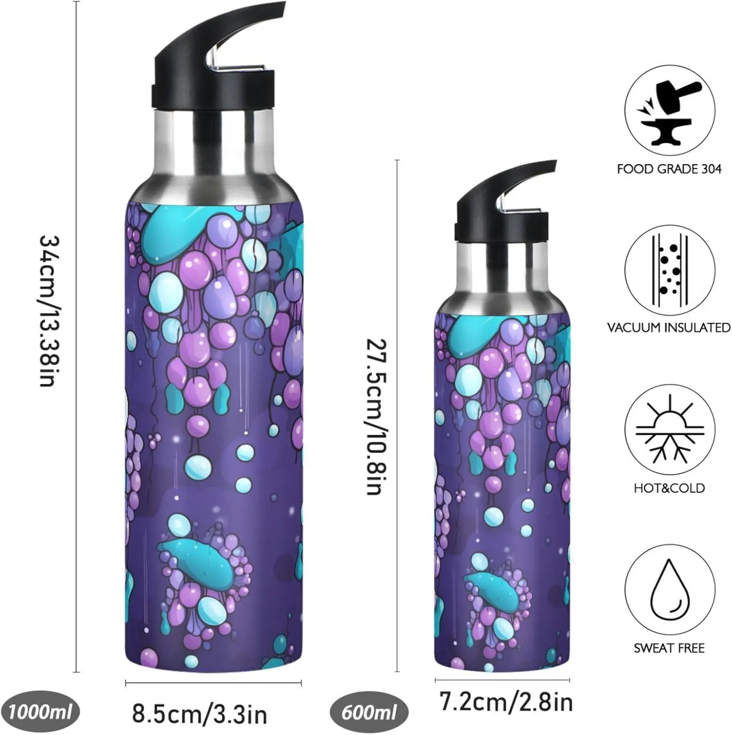Grape Art Purple Sport Water Bottle Insulated Stainless Steel Large Vacuum Flask Leak Proof Thermos with Straw for Travel(600ml/1000ml)