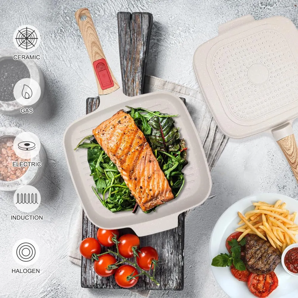 Griddle Pan with Lid, 10 Inch Cast Aluminium Non Stick Steak Pan with Detachable Handle for Induction Hob, White