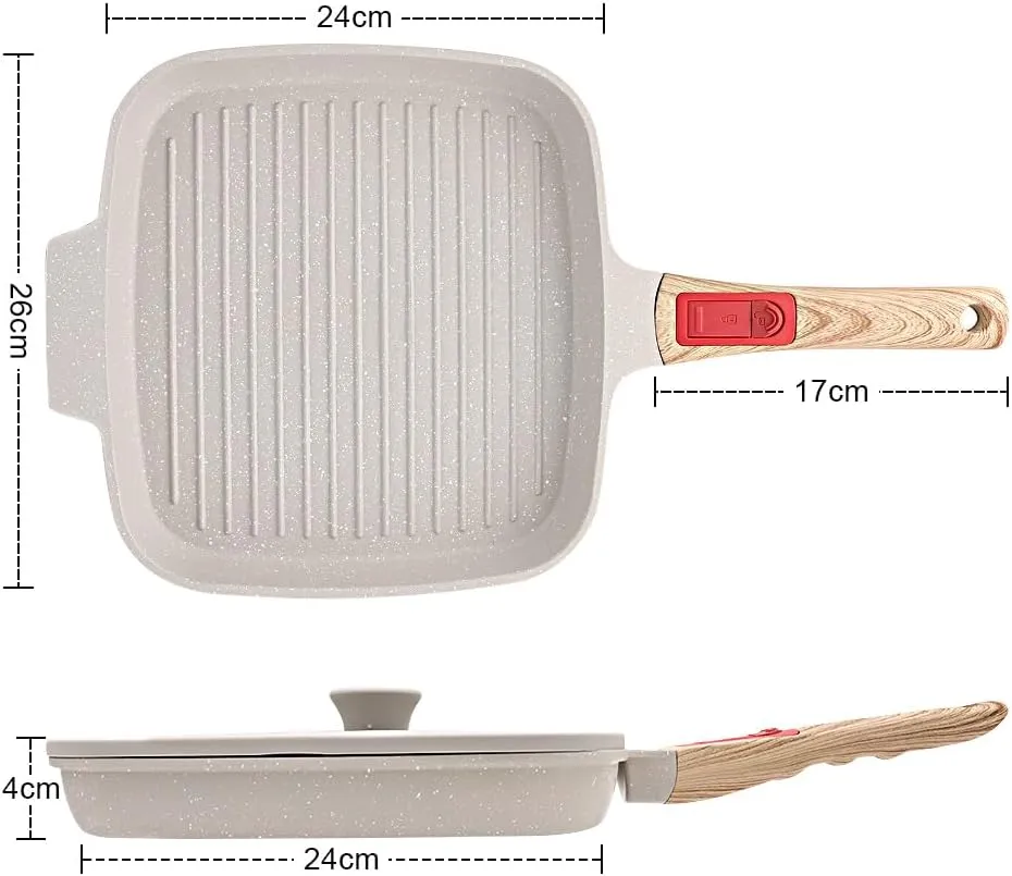 Griddle Pan with Lid, 10 Inch Cast Aluminium Non Stick Steak Pan with Detachable Handle for Induction Hob, White