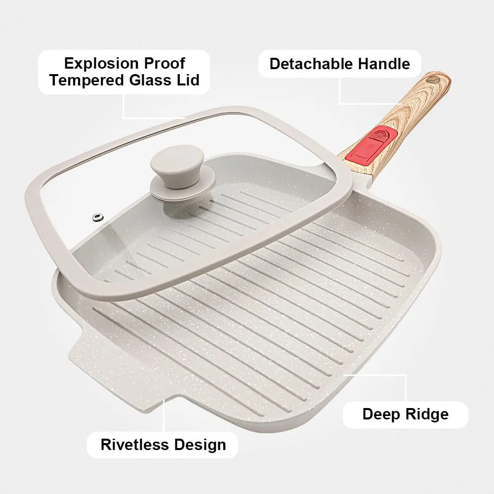Griddle Pan with Lid, 10 Inch Cast Aluminium Non Stick Steak Pan with Detachable Handle for Induction Hob, White