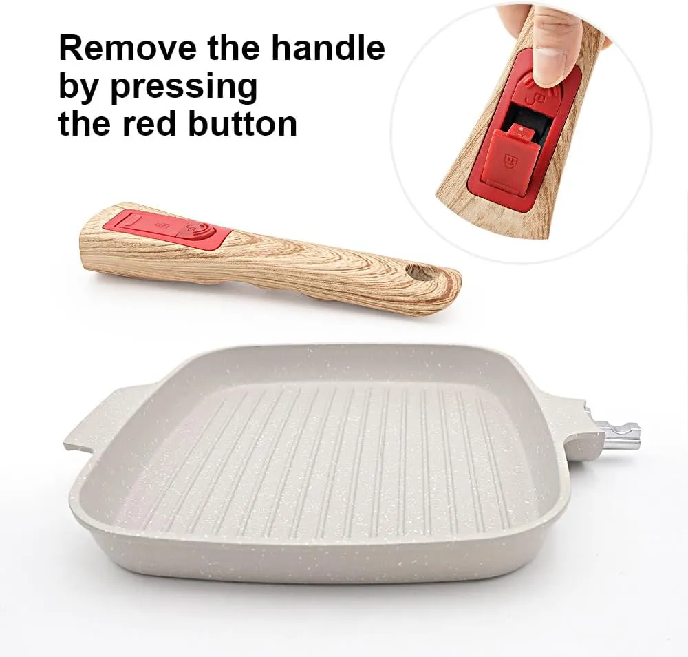 Griddle Pan with Lid, 10 Inch Cast Aluminium Non Stick Steak Pan with Detachable Handle for Induction Hob, White