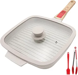 Griddle Pan with Lid, 10 Inch Cast Aluminium Non Stick Steak Pan with Detachable Handle for Induction Hob, White