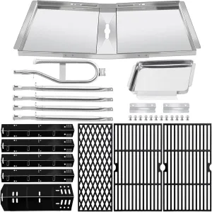 Grill Grates for Dyna Glo Grill Replacement Parts 5 Burner DGH474CRP, DGH483CRP, DGH485CRP, DGH474CRP-D, Drip Pan 24"-30" Adjustable Grease Tray, Heat Shields and Burner Kit for Dyna-glo Grill Parts