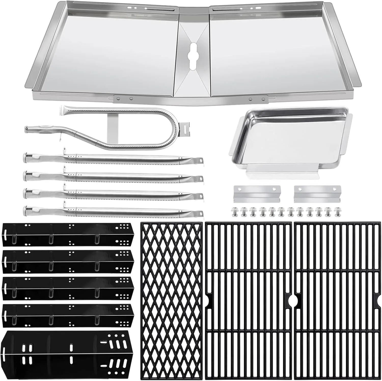 Grill Grates for Dyna Glo Grill Replacement Parts 5 Burner DGH474CRP, DGH483CRP, DGH485CRP, DGH474CRP-D, Drip Pan 24"-30" Adjustable Grease Tray, Heat Shields and Burner Kit for Dyna-glo Grill Parts