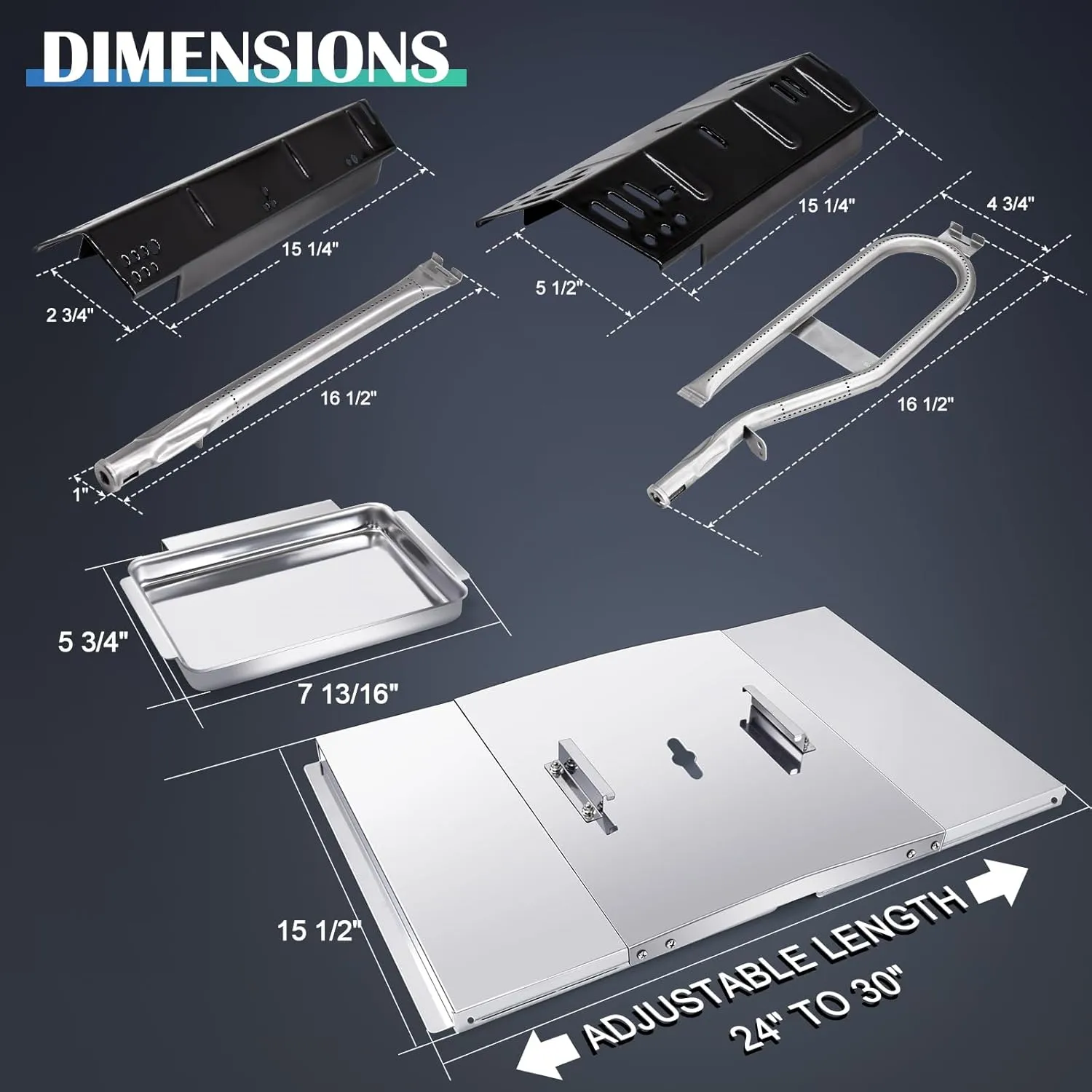 Grill Grease Tray Replacement Parts for Dyna Glo DGH474CRP, DGH450CRP, DGH483CRP, DGH485CRP, Adjustable 24''-30'' Gas Grill Drip Pan, Heat Plate Shield and Burners for Dyna Glo Grill Replacement Parts