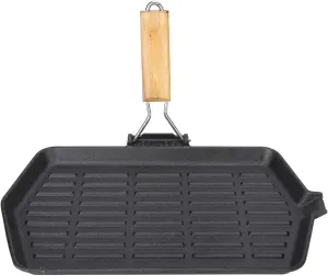 Grill Pan for Stove Top,Striped Square Griddle Pans with Folding Wooden Handle,Camping Frying Pan,for Backpacking,Camping and Outdoors