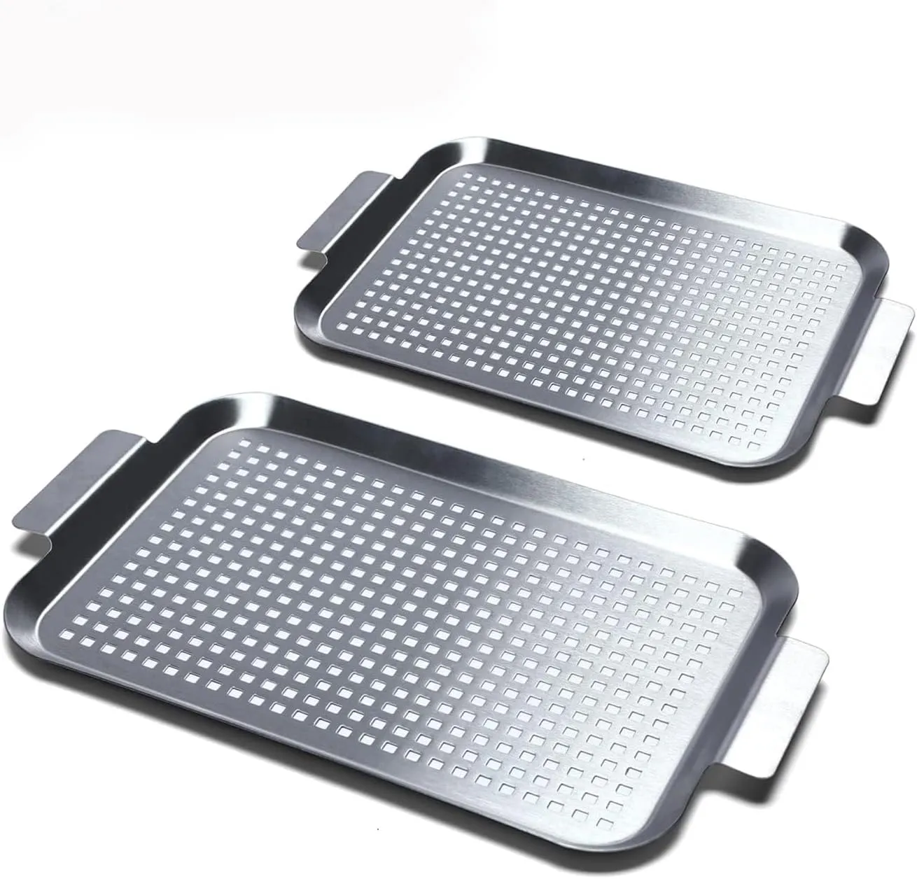 Grill Pan Set of 2, BBQ Grill Topper for Outdoor Grill, Stainless Steel Grilling Baskets with Holes and Handles