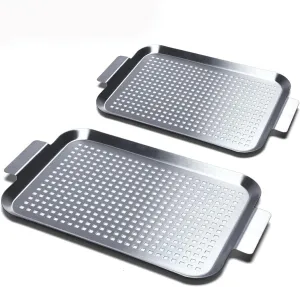Grill Pan Set of 2, BBQ Grill Topper for Outdoor Grill, Stainless Steel Grilling Baskets with Holes and Handles