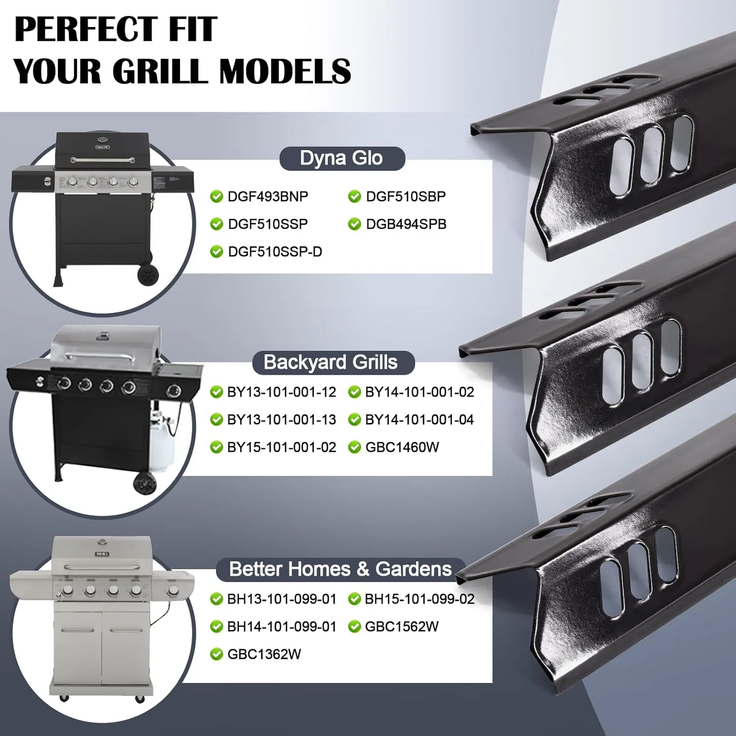 Grill Replacement Parts for Dyna Glo DGF493BNP, DGF510SBP, Backyard Grill BY13-101-001-12, BY14-101-001-02 and BHG Grill Parts, Adjustable 24''-30'' Grease Tray, Heat Plates for Dyna Glo 4 Burner.