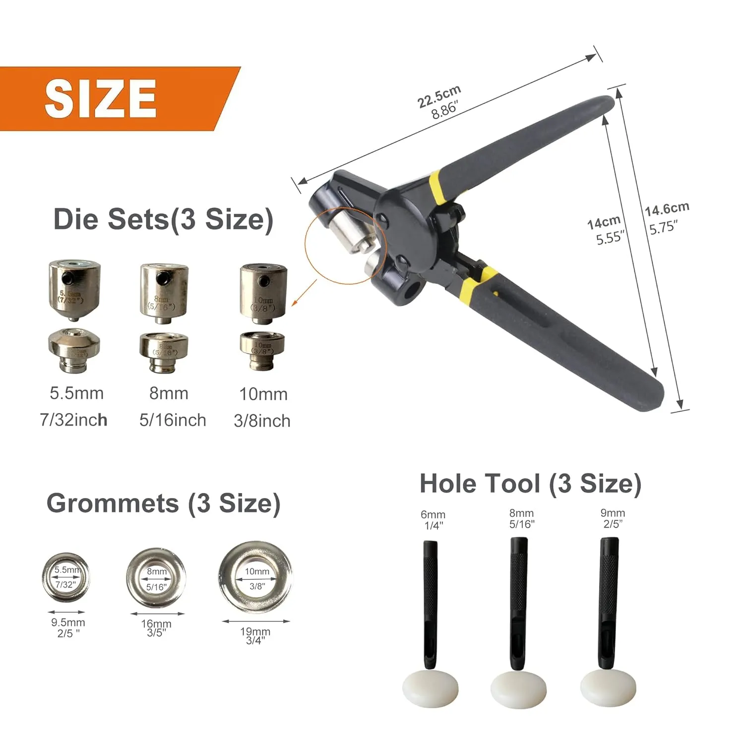 Grommet Tool Kit, Eyelet Tool Multi-Purpose Handheld Manual Hole Punch Rivet Press Plier Crimper 3 Interchangeable Dies with 900 Set 7/32" 5/16" 3/8" Metal Grommets Washers