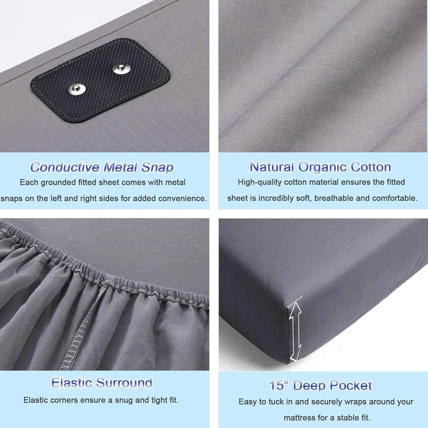 Grounding Sheets for Bed Queen Earthing Fitted Sheet 10% Silver & 90% Organic Cotton Conductive Bed Sheets Kit Earth Connected for Pain Relief Sleep Therapy with Grounding Cord (60"X 80"X 15" Gray)