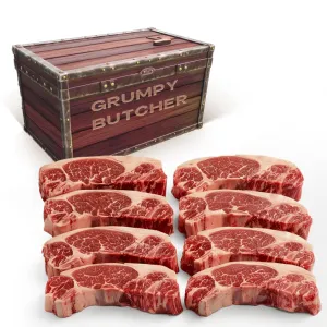 Grumpy Butcher New York Strip Steaks, 8 Pack (10 oz each) - Prime Steakhouse Quality Beef NY Strip Steak Meat - For Delivery in Grumpy Butcher Meat Gift Packages Specials Option