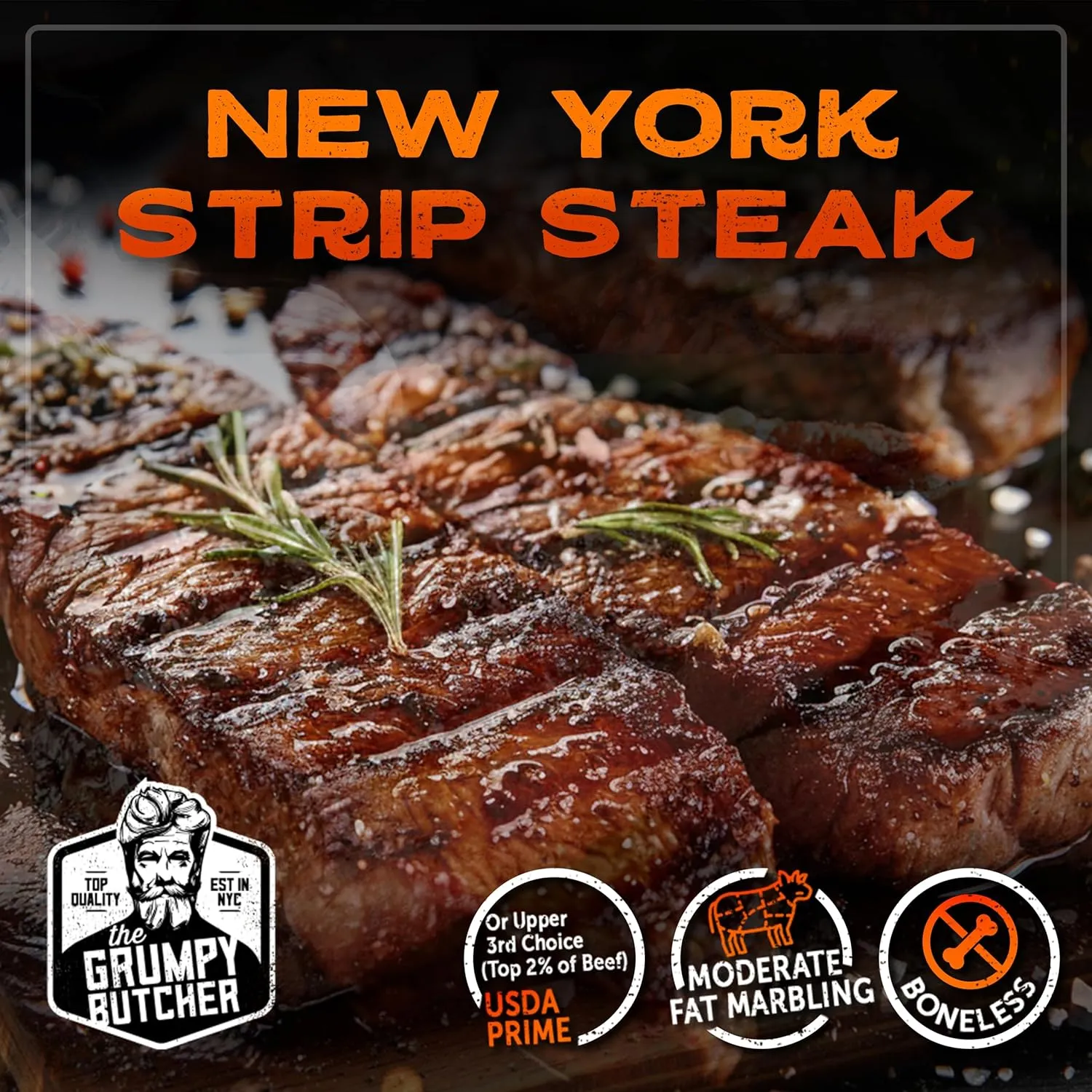 Grumpy Butcher New York Strip Steaks, 8 Pack (10 oz each) - Prime Steakhouse Quality Beef NY Strip Steak Meat - For Delivery in Grumpy Butcher Meat Gift Packages Specials Option
