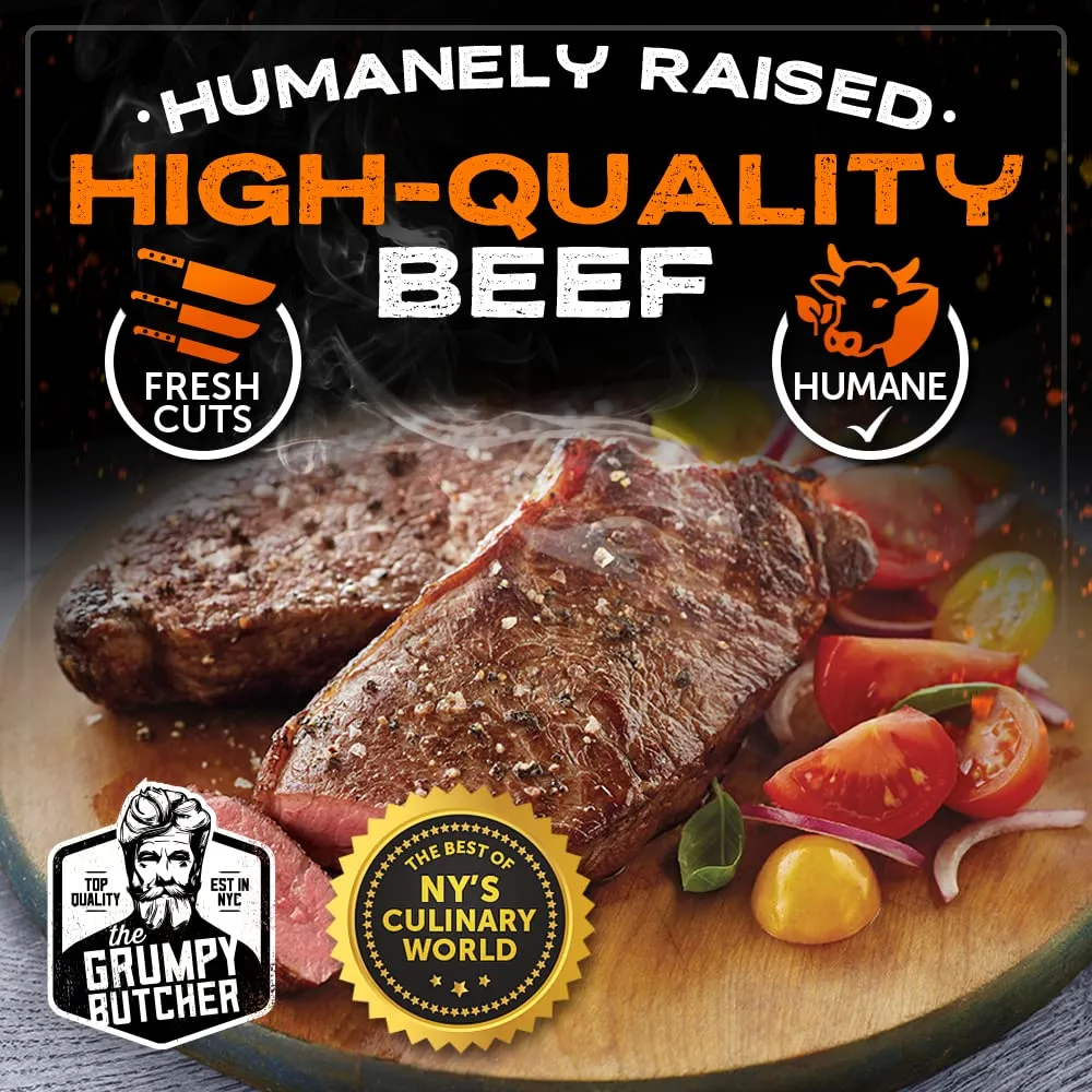 Grumpy Butcher New York Strip Steaks, 8 Pack (10 oz each) - Prime Steakhouse Quality Beef NY Strip Steak Meat - For Delivery in Grumpy Butcher Meat Gift Packages Specials Option