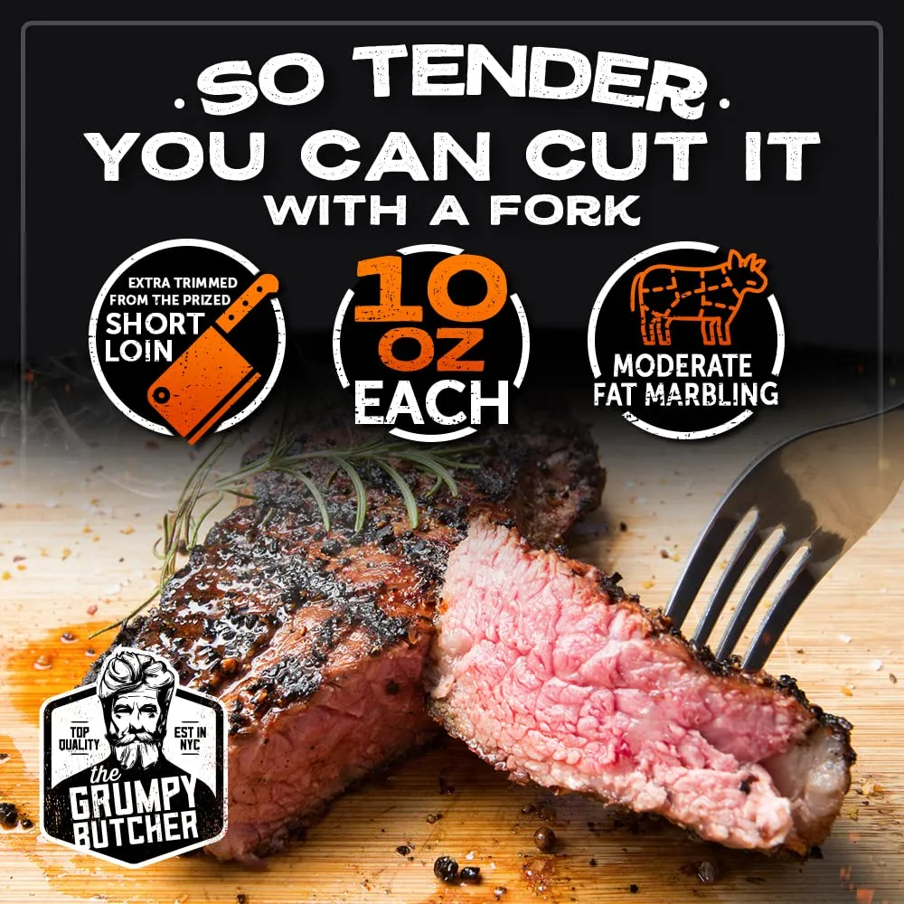 Grumpy Butcher New York Strip Steaks, 8 Pack (10 oz each) - Prime Steakhouse Quality Beef NY Strip Steak Meat - For Delivery in Grumpy Butcher Meat Gift Packages Specials Option