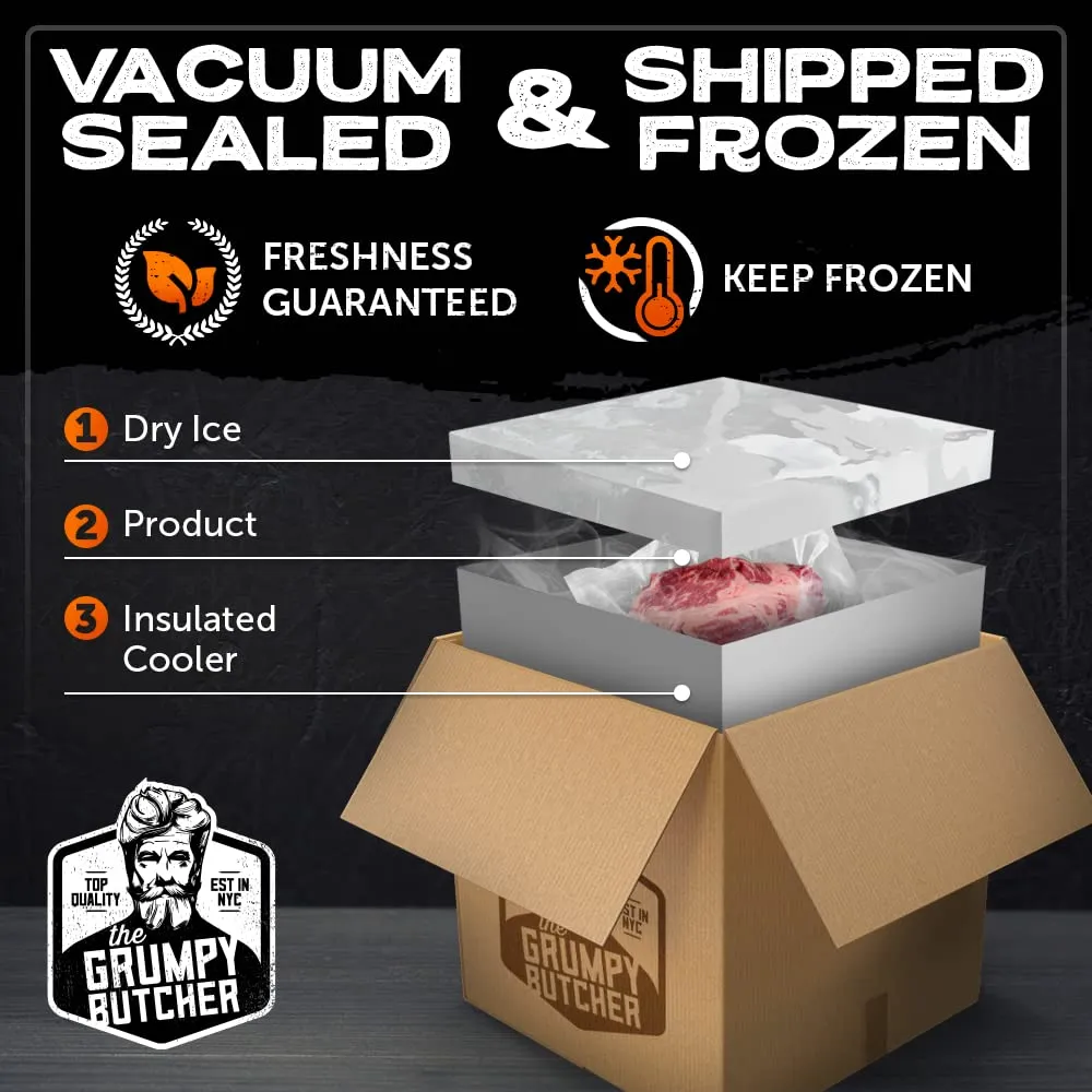 Grumpy Butcher New York Strip Steaks, 8 Pack (10 oz each) - Prime Steakhouse Quality Beef NY Strip Steak Meat - For Delivery in Grumpy Butcher Meat Gift Packages Specials Option