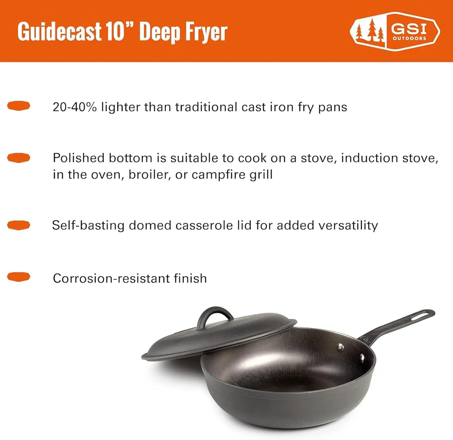 GSI Outdoors Guidecast 10” Deep Frypan I Dual Handle & Self-Basting Dome Lid | Cast Iron, Lightweight, Gourmet Frying Pan, Camp Cookware
