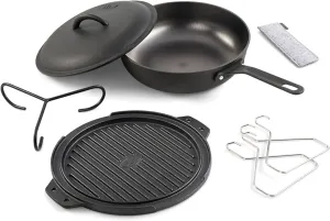 GSI Outdoors Guidecast Outdoor Cookset: 10" Deep Frypan with Dome Lid, Dual-Sided Cast Iron Griddle/Grill, Removable Handles