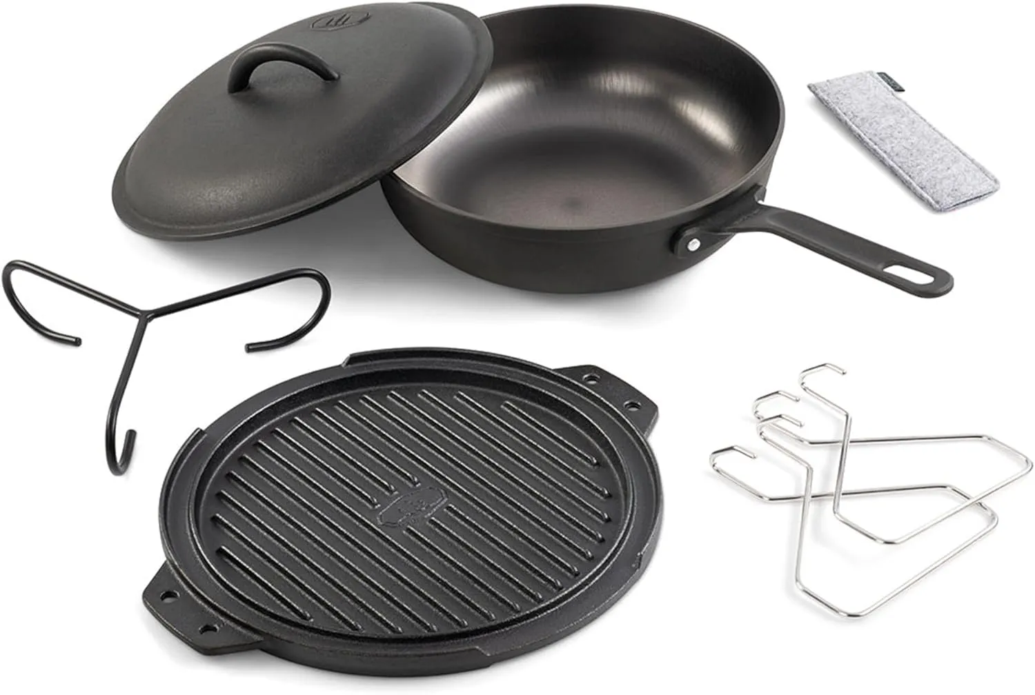 GSI Outdoors Guidecast Outdoor Cookset: 10" Deep Frypan with Dome Lid, Dual-Sided Cast Iron Griddle/Grill, Removable Handles