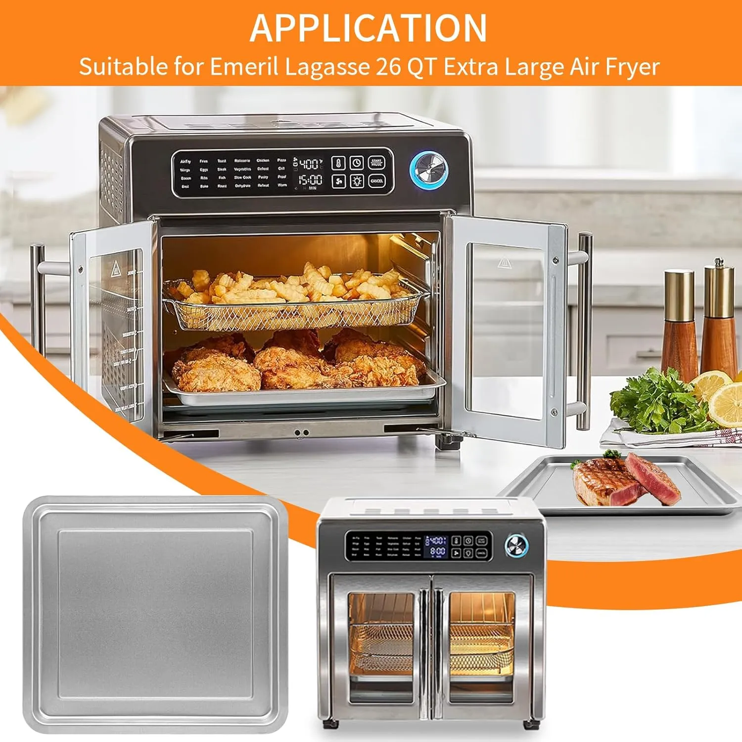GXF Air Fryer Accessories for Emeril Lagasse 26 QT Extra Large Air Fryer, 12.2''×11.2'' Stainless Steel Air Fryer Tray Grill Pan Grill Plate Crisper Plate Replacement Parts Rack