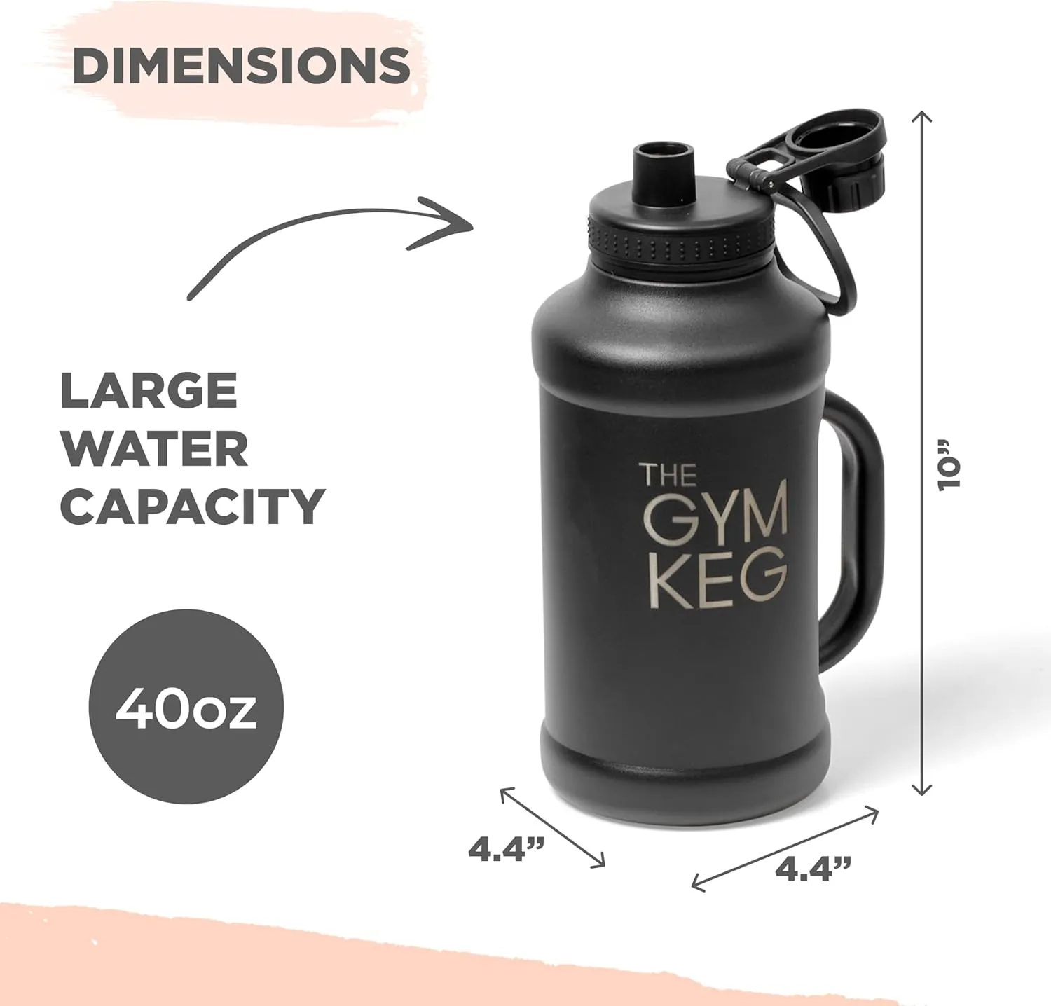 Gym Keg Insulated Water Bottle - 40oz - Double-Wall Insulation Water Container - Silicone and Plastic Chug Lid with Handle - Wide Mouth Water Jug Ideal for Gym and Outdoor Activities - Black