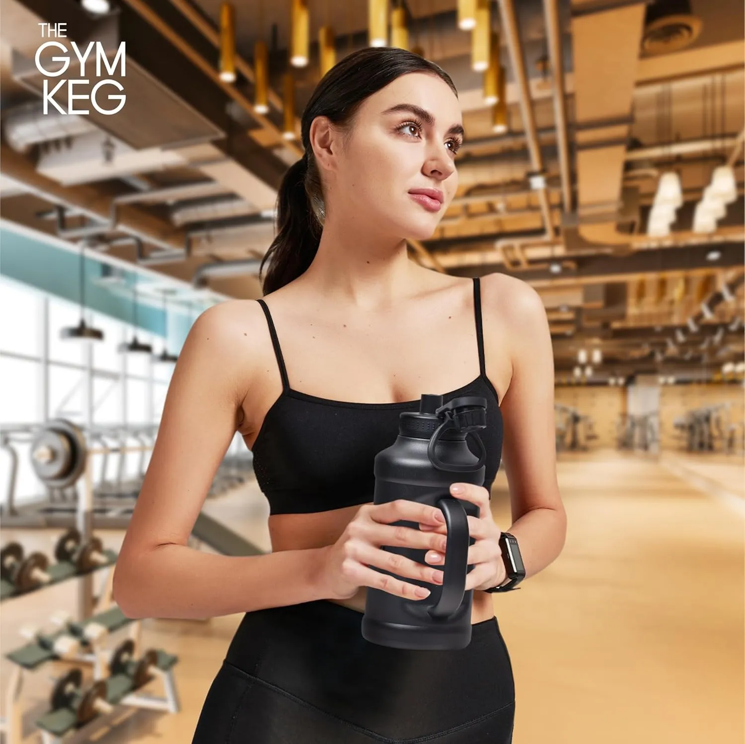 Gym Keg Insulated Water Bottle - 40oz - Double-Wall Insulation Water Container - Silicone and Plastic Chug Lid with Handle - Wide Mouth Water Jug Ideal for Gym and Outdoor Activities - Black