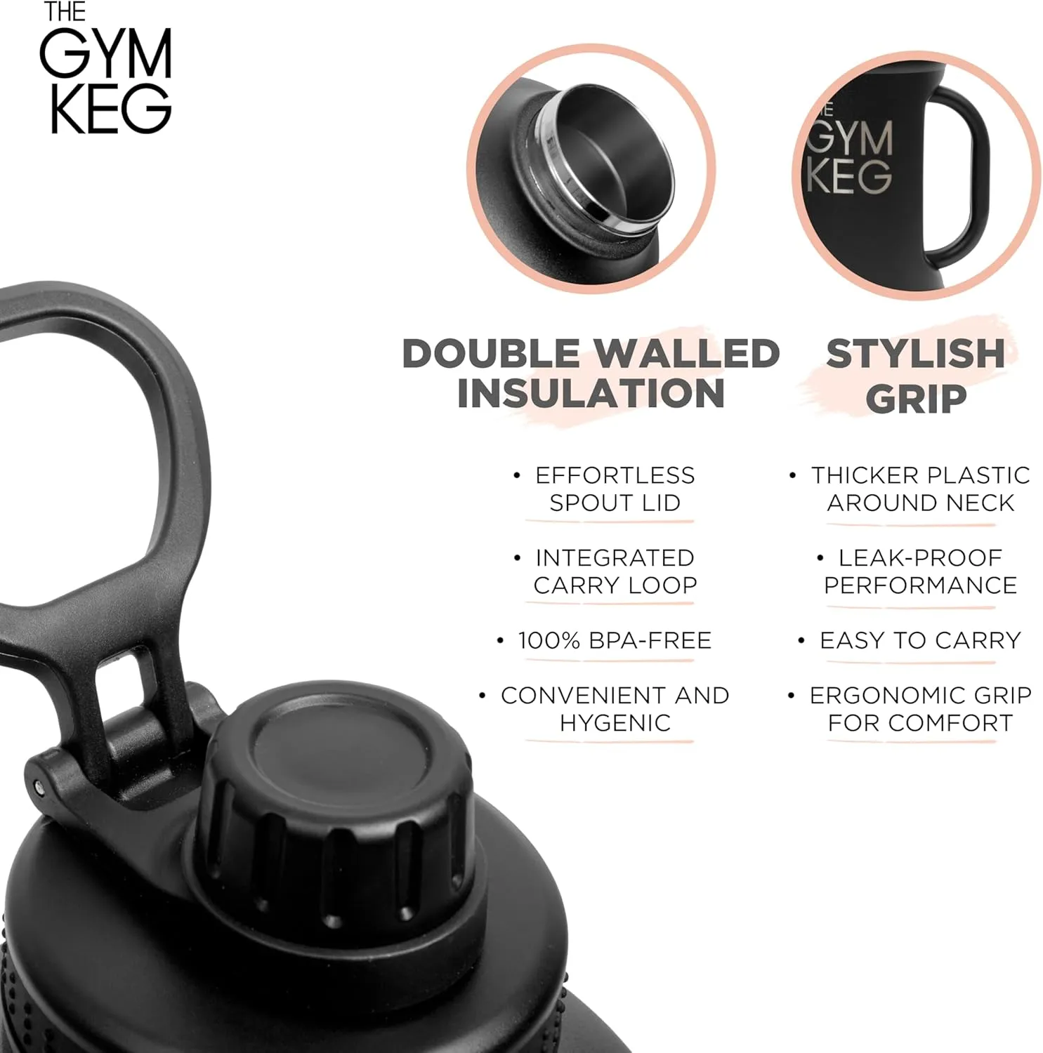 Gym Keg Insulated Water Bottle - 40oz - Double-Wall Insulation Water Container - Silicone and Plastic Chug Lid with Handle - Wide Mouth Water Jug Ideal for Gym and Outdoor Activities - Black