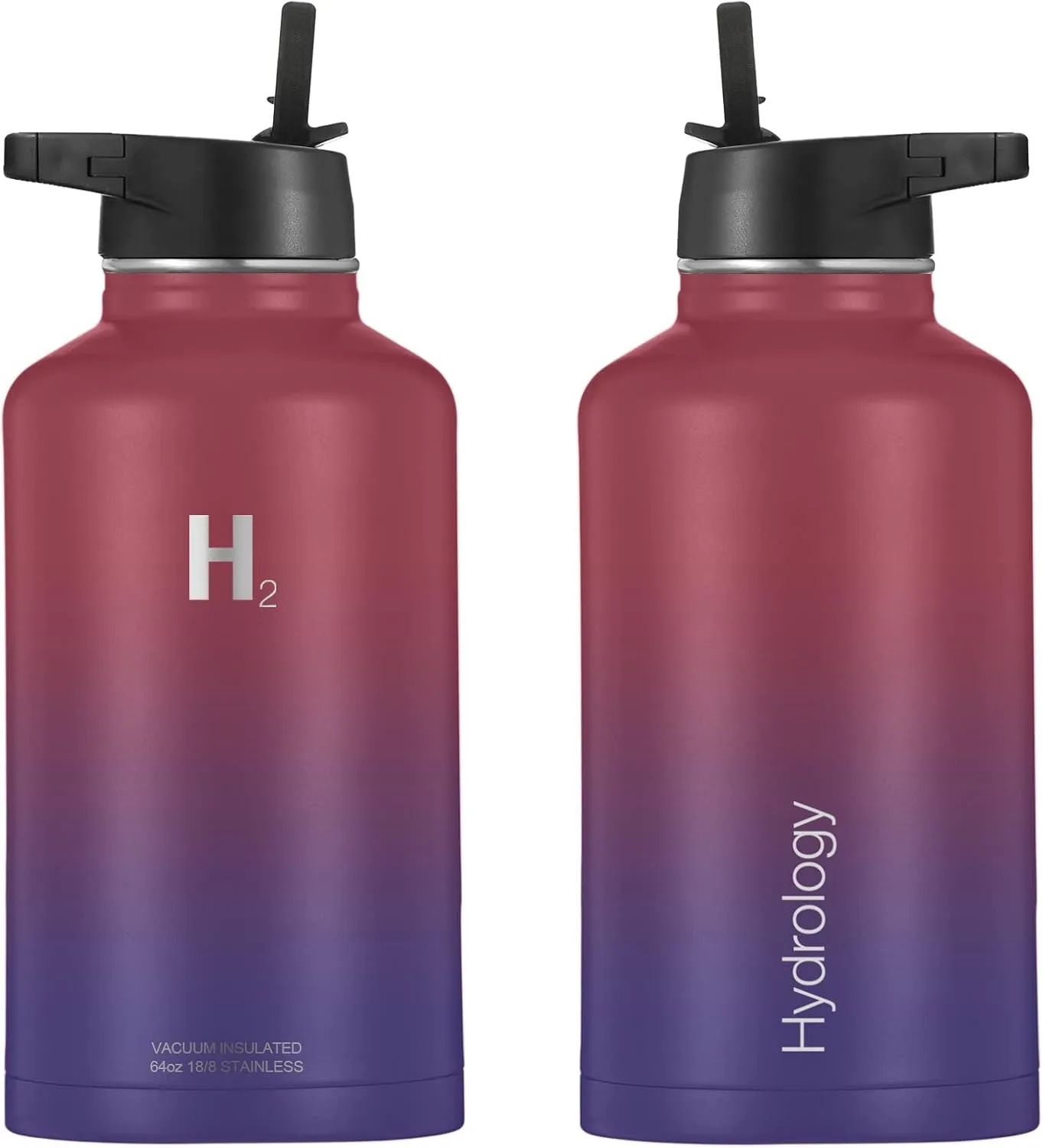 H2 HYDROLOGY Water Bottle - 18 oz, 22 oz, 32 oz, 40 oz, or 64 oz with 3 LIDS Double Wall Vacuum Insulated Stainless Steel Wide Mouth Sports Hot & Cold Thermos (64 oz, Man of Steel)