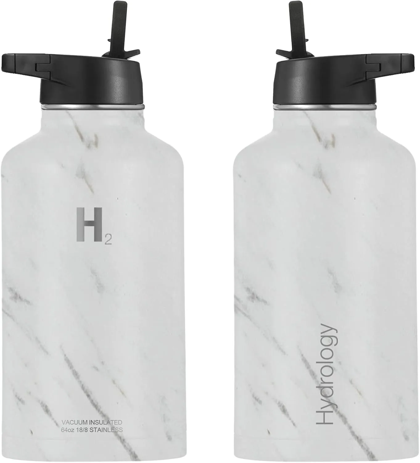 H2 Hydrology Water Bottle - 18 oz, 22 oz, 32 oz, 40 oz, or 64 oz with 3 LIDS Double Wall Vacuum Insulated Stainless Steel Wide Mouth Sports Hot & Cold Thermos (64 oz, Marble)