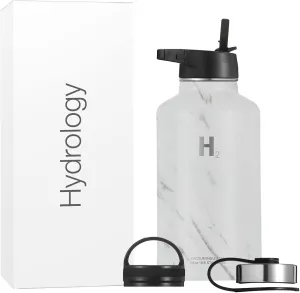 H2 Hydrology Water Bottle - 18 oz, 22 oz, 32 oz, 40 oz, or 64 oz with 3 LIDS Double Wall Vacuum Insulated Stainless Steel Wide Mouth Sports Hot & Cold Thermos (64 oz, Marble)