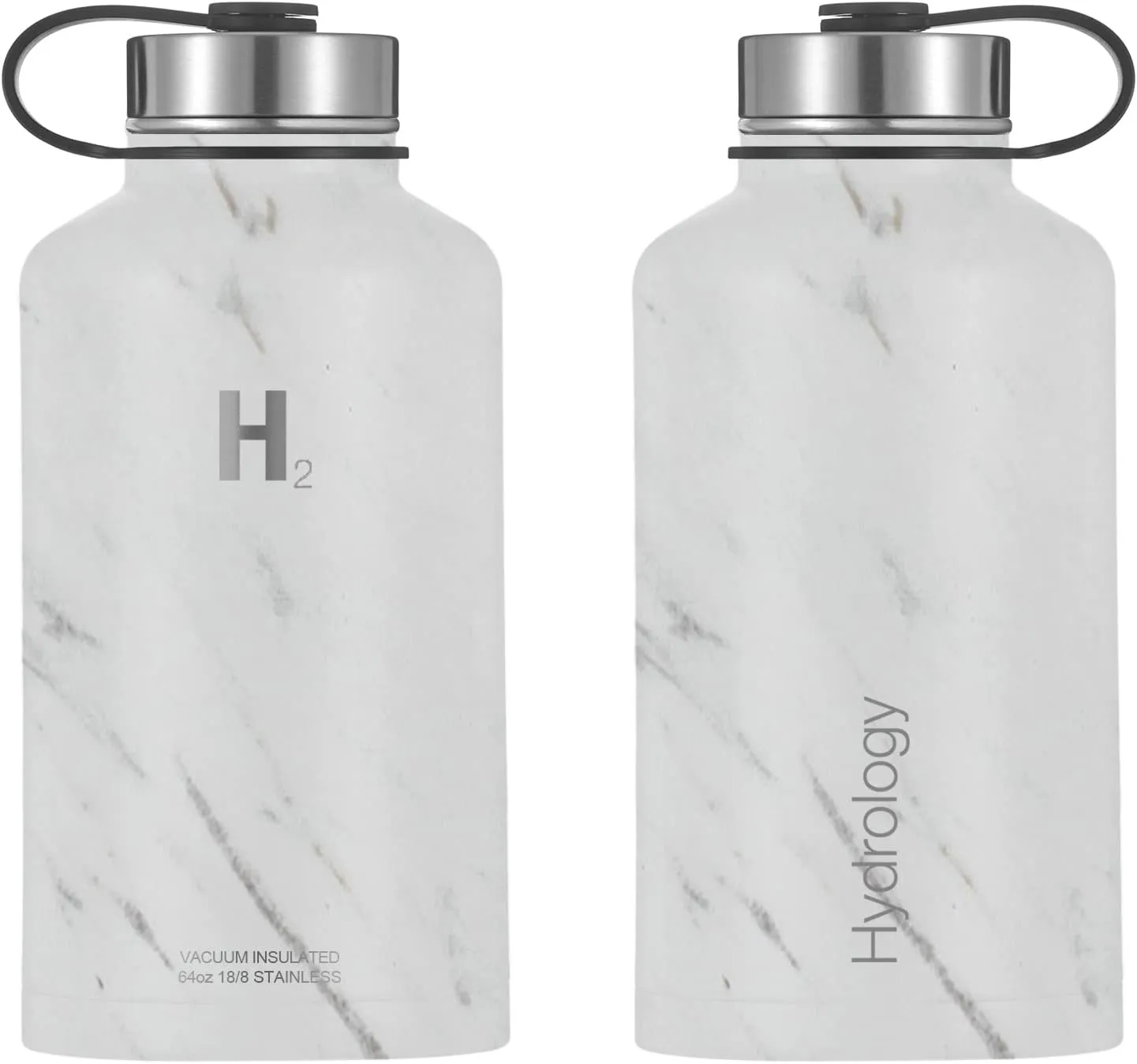 H2 Hydrology Water Bottle - 18 oz, 22 oz, 32 oz, 40 oz, or 64 oz with 3 LIDS Double Wall Vacuum Insulated Stainless Steel Wide Mouth Sports Hot & Cold Thermos (64 oz, Marble)