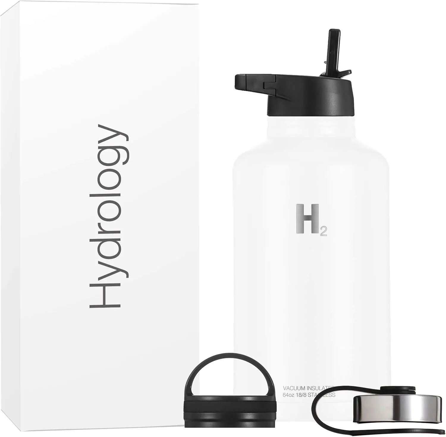H2 HYDROLOGY Water Bottle - 18 oz, 22 oz, 32 oz, 40 oz, or 64 oz with 3 LIDS Double Wall Vacuum Insulated Stainless Steel Wide Mouth Sports Hot & Cold Thermos (64 oz, White)