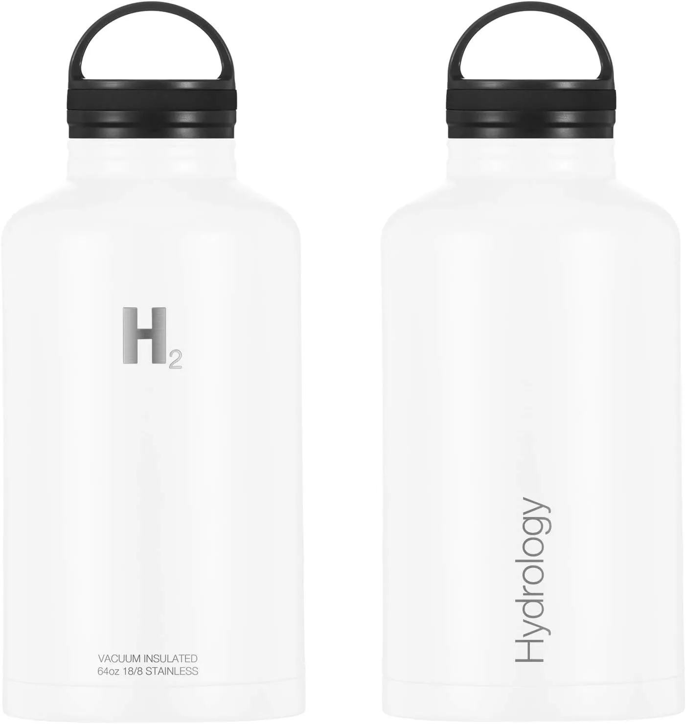 H2 HYDROLOGY Water Bottle - 18 oz, 22 oz, 32 oz, 40 oz, or 64 oz with 3 LIDS Double Wall Vacuum Insulated Stainless Steel Wide Mouth Sports Hot & Cold Thermos (64 oz, White)