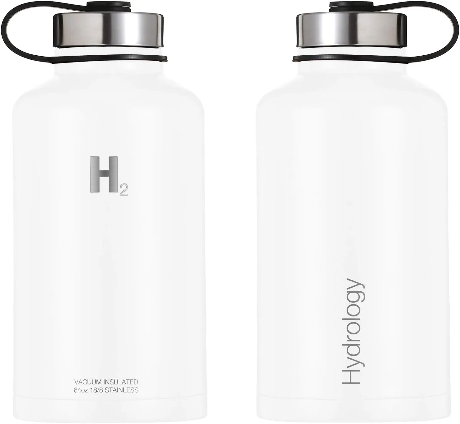 H2 HYDROLOGY Water Bottle - 18 oz, 22 oz, 32 oz, 40 oz, or 64 oz with 3 LIDS Double Wall Vacuum Insulated Stainless Steel Wide Mouth Sports Hot & Cold Thermos (64 oz, White)