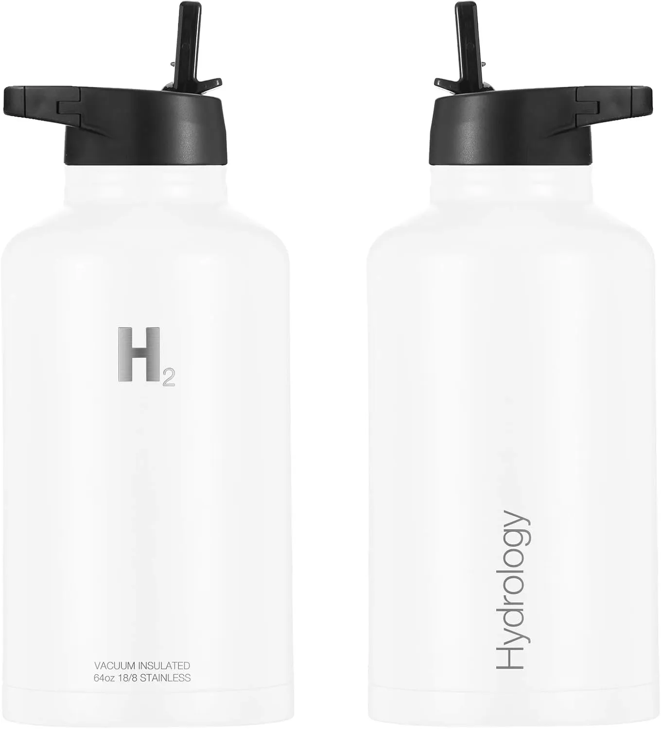 H2 HYDROLOGY Water Bottle - 18 oz, 22 oz, 32 oz, 40 oz, or 64 oz with 3 LIDS Double Wall Vacuum Insulated Stainless Steel Wide Mouth Sports Hot & Cold Thermos (64 oz, White)