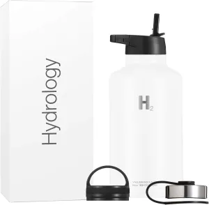 H2 HYDROLOGY Water Bottle - 18 oz, 22 oz, 32 oz, 40 oz, or 64 oz with 3 LIDS Double Wall Vacuum Insulated Stainless Steel Wide Mouth Sports Hot & Cold Thermos (64 oz, White)