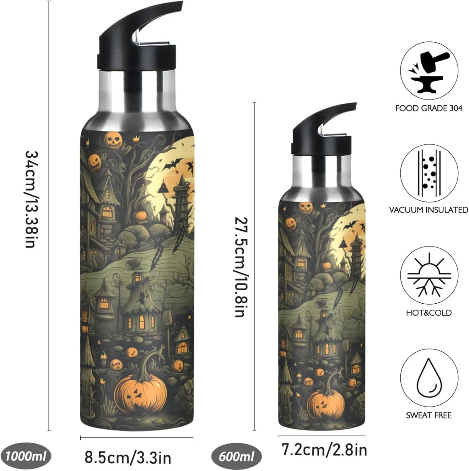 Halloween Style Pumpkin Sport Water Bottle Insulated Stainless Steel Large Vacuum Flask Leak Proof Thermos with Straw for Travel(600ml/1000ml)