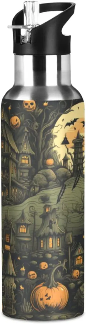 Halloween Style Pumpkin Sport Water Bottle Insulated Stainless Steel Large Vacuum Flask Leak Proof Thermos with Straw for Travel(600ml/1000ml)